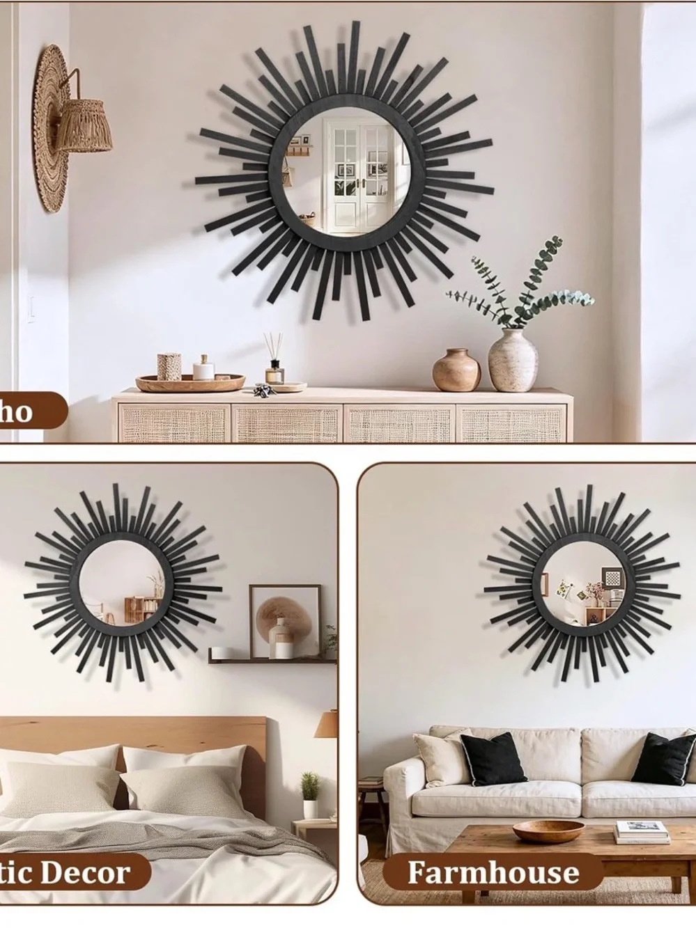 24 Inch Boho Sunburst Mirror, Round Wooden Wall Decor Starburst Sun Mirror